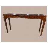 FLAMED MAHOGANY BRASS INLAID TALL CONSOLE TABLE