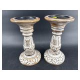 PR OF WOOD PAINT DECORATED CANDLEHOLDERS