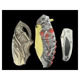 LOT OF 3 SKELETON/SKULL HEAD FOLDING POCKET KNIVES