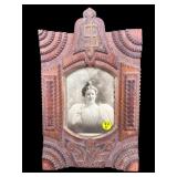 ANTIQUE TRAMP ART FRAME WITH ANTIQUE PORTRAIT