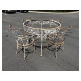 ORNATE IRON TABLE AND 4 CHAIRS
