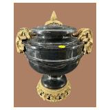 LARGE RAMS HEAD BLACK MARBLE ORNATE BRASS URN