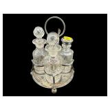 5 PC ANTIQUE SILVERPLATE AND CRYSTAL CASTER SET