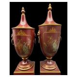 2 ORIENTAL FIGURE PAINT DECORATED TOLEWARE URNS