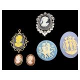 5 PC LOT OF CONTEMPORARY CAMEO BROOCHES / EARRINGS