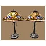 2 MEYDA TIFFANY FLORAL JEWELED LEADED GLASS LAMPS