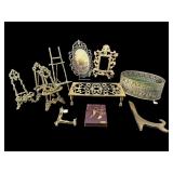 LARGE LOT OF BRASS PLANTERS, TRIVET, MINI EASELS,