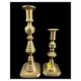 2 PC ANTIQUE BRASS PUSH UP CANDLESTICK LOT