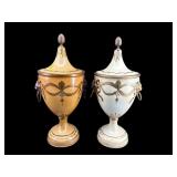 PR OF FRENCH TOLE URNS WITH LION HEAD HANDLES