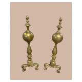 PR OF LARGE CANNONBALL BRASS ANDIRONS