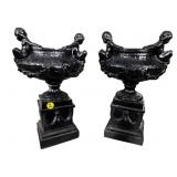 2 CHALKWARE CHERUB URNS ON STANDS