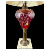 CRANBERRY ETCHED BRASS AND MARBLE LAMP