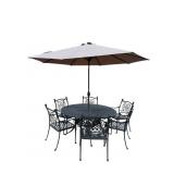 CAST ALUMINUM TABLE AND 6 CHAIRS WITH UMBRELLA