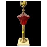 CRANBERRY AND BRASS AND MARBLE LAMP