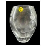 HEAVY CRYSTAL ETCHED FLOWERS ROUND VASE