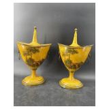 2 BLACK AND YELLOW TOLEWARE LIONS HEAD URNS