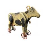 VINTAGE WOODEN COW ON WHEELS PULL TOY