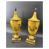 PR OF YELLOW AND BLACK TOLEWARE ITALIAN URNS, AS