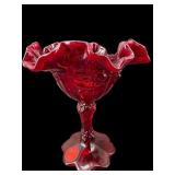 FENTON AMBERINA CABBAGE ROSE RUFFLED COMPOTE