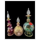 3 HAND BLOWN GLASS PERFUME BOTTLES WITH STOPPERS