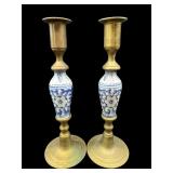 BRASS & BLUE DELFT PORCELAIN CANDLESTICKS
