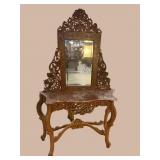 HEAVY CARVED MARBLE TOP CONSOLE TABLE WITH MIRROR