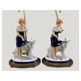 PR OF FIGURAL WOMAN WITH DOG PORCELAIN TABLE LAMPS