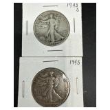 2 1943-1945 WALKING LIBERTY SILVER HALF DOLLARS