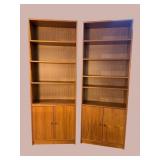 2 TEAK FINISH MCM OPEN SHELVES WITH DOORS, x2,