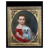 ANTIQUE OIL ON CANVAS OF GIRL WITH DOG