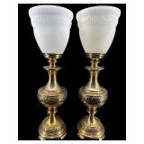2 ORNATE BRASS AND FROSTED SHADE TORCHIERE LAMPS