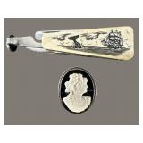 2 PC LOT SCRIMSHAW UTILITY KNIFE & COSTUME CAMEO