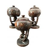 3 PC LOT WOODEN CARVED AFRICAN FIGURAL COMPOTES