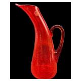 KANAWHA RED ORANGE CRACKLE GLASS EWER PITCHER