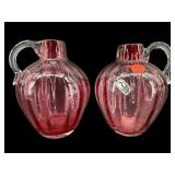 2 PILGRIM CRANBERRY RIBBED ART GLASS JUGS