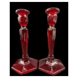 PAIR OF FENTON RUBY AMBERINA CANDLESTICKS