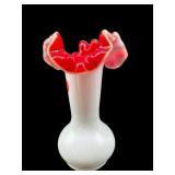 KANAWHA RED CASED MILK GLASS RUFFLED VASE