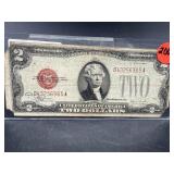 1928 F RED SEAL JEFFERSON $2 NOTE, CIRCULATED