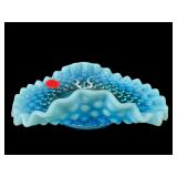 FENTON BLUE OPALESCENT HOBNAIL RUFFLED NAPPY BOWL
