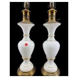 2 ANTIQUE OPALINE AND BRASS TABLE LAMPS