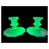 PR OF URANIUM SATIN ART DECO STYLE CANDLEHOLDERS