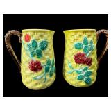 2 MAJOLICA BASKET WEAVE DOGWOOD PITCHERS
