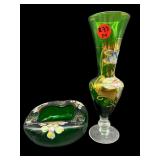 2 PC LOT EMERALD BOHEMIAN HAND PAINTED ASHTRAY