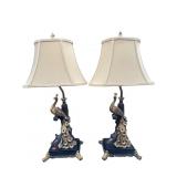 2 HEAVY PLASTER SITTING PEACOCK BIRD TABLE LAMPS