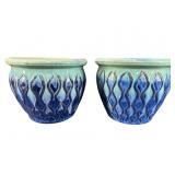 2 QUALITY LARGE BLUE GLAZED TERRACOTTA PLANTERS