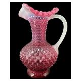 LARGE FENTON CRANBERRY OPALESCENT HOBNAIL RUFFLED