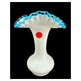 FENTON AQUA CREST MILK GLASS RUFFLED VASE