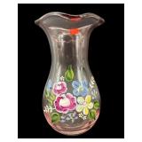 HAND PAINTED FLORAL PINK GLASS RUFFLED VASE