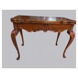CLEAN CARVED MAHOGANY FLIP TOP EXTENSION TABLE