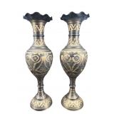 2 INDIA TALL BRASS ETCHED VASES